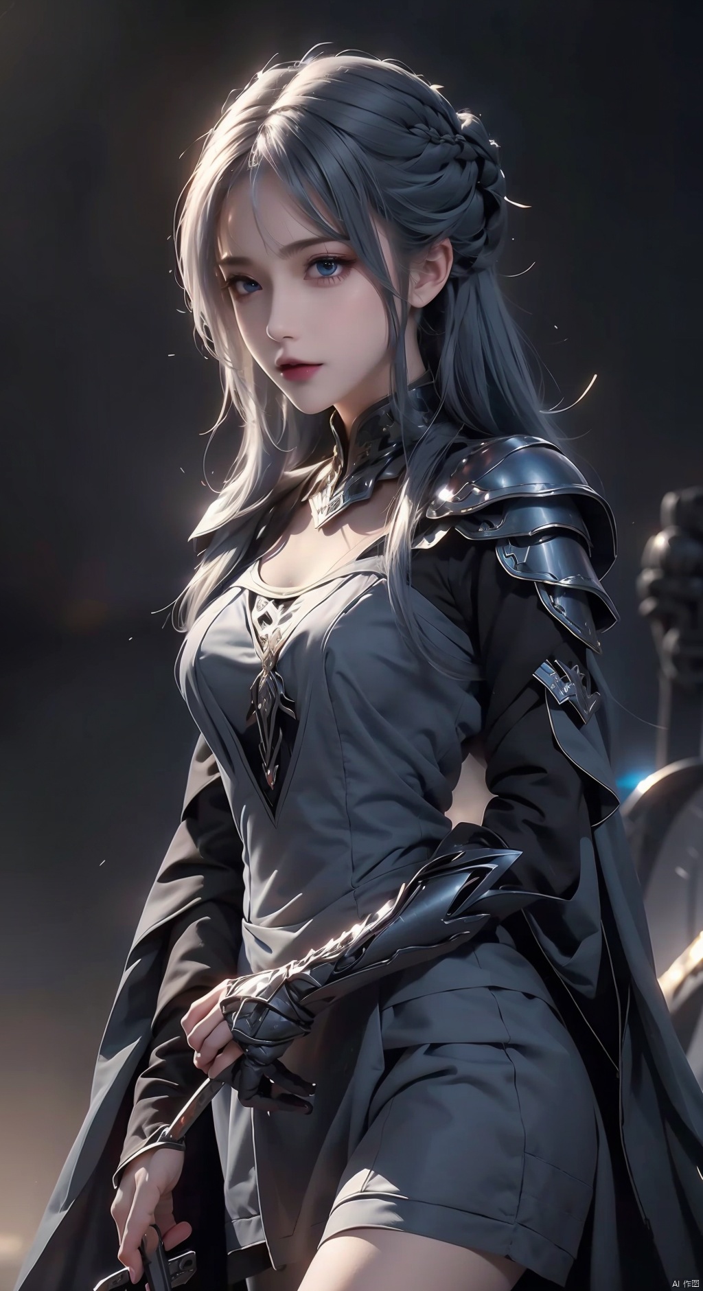 1girl, :|, absurdres, armor, armored_dress, black_background, blue_eyes, closed_mouth, dress, expressionless, greatsword, grey_dress, grey_hair, hair_between_eyes, hair_ornament, hairpin, highres, holding, holding_sword, holding_weapon, legs_apart, long_dress, long_hair, looking_at_viewer, original, own_hands_together, sabaton, sidelocks, simple_background, solo, standing, straight-on, sword, tuda6, weapon, best quality, masterpiece, nai3