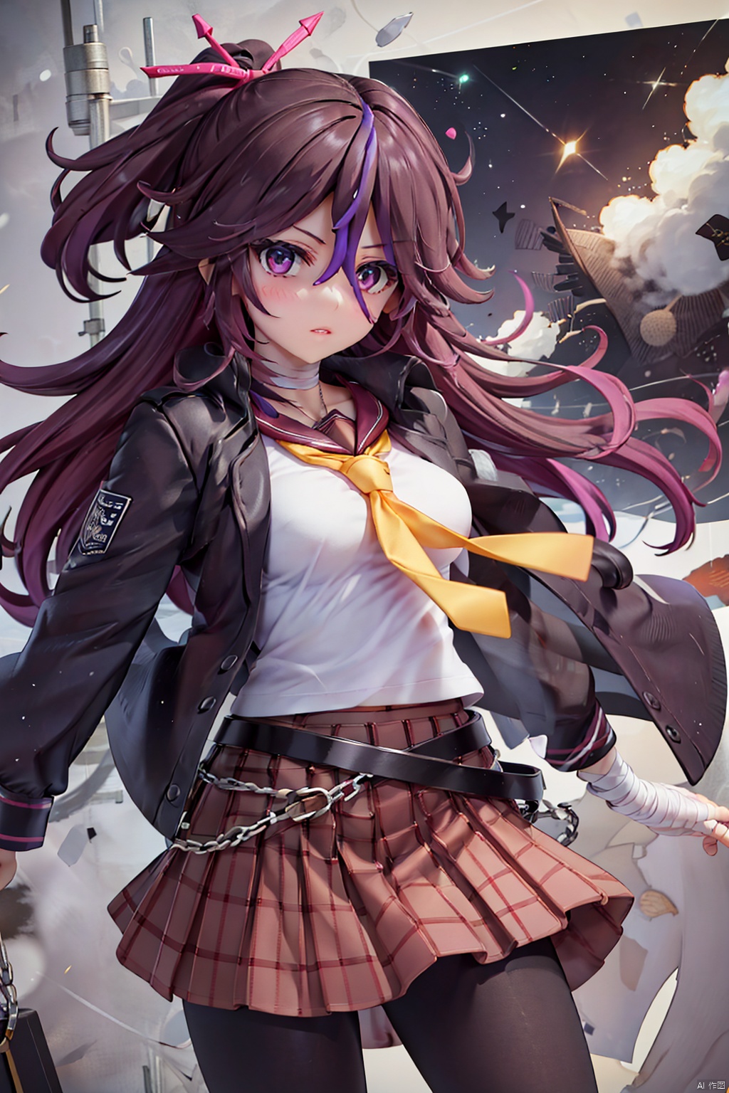  (best quality), (masterpiece), (highres),epic scenes,impactfulvisuals,senseofspace,HOURAIJl KYUUSYOU, bandages, skirt, bandaged arm, long hair, looking at viewer, purple hair, multicolored hair, shirt, white shirt, pleated skirt, pantyhose, chain, purple skirt, belt, hair between eyes, 1girl, jacket on shoulders, parted lips, purple eyes, sailor collar, necktie, jacket, neckerchief, HOURAIJl KYUUSYOU