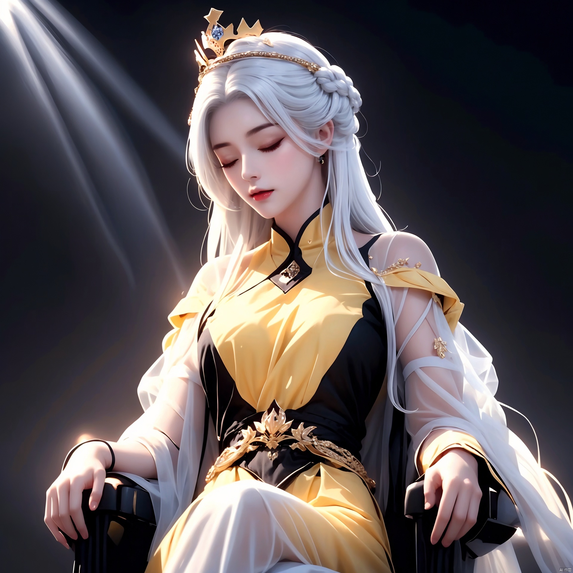 (1girl),white hair and yellow eyes,(emperor,black see-through clothes),(crown:1.1),sitting on the throne,eyes slightly closed,head down,(shy:1.2 ),(makeup),high contrast,(best illumination),(an extremely create and beautiful),(cinematic light),colorful