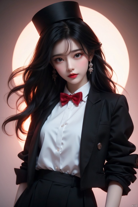 black_top_hat, black_tuxedo, bow_tie, black_slacks, white_shirts_oficial, hold_cane, <lora,more_details,0.5>, black_hair, red_eyes, red_halo, 2_black_wings, beautiful_hair, beautiful_eyes, 1_beautiful_girl, cute_face, beautiful_face, beautiful, best_quality, good_anatomy