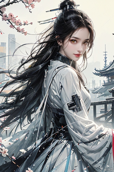  masterpiece, best quality, 1girl, yellow eyes, Beautiful face, delicate eyes, smile, long hair, white hair, tree, stairs, standing, sky, cherry blossoms, temple, looking at viewer, upper body, from below, looking back, ((Mecha)), young girl, Cyberpunk, CyberMechaGirl