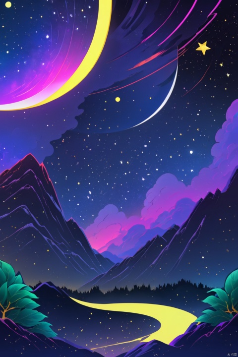  Osmanthusfragrans,laurel,moon,galaxy,highres,nobody,album cover,synthwave,dreamlike, starry sky, Vector illustration,Illustrative style