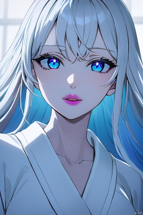 masterpiece, best quality, anime style, white theme, 1girl, white streight long hair, blue eyes, white skin, iridescent eyes, pink lips, white kimono, focus on face