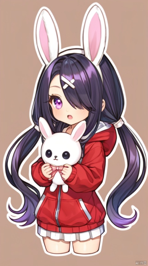  1girl, ame-chan_(needy_girl_overdose), animal_hood, animated, awayuki_(awyk_1), black_hair, bow, brown_background, character_doll, chibi, commentary_request, doll, hair_ornament, hair_over_one_eye, holding, holding_doll, hood, hood_up, hoodie, long_hair, looking_at_viewer, needy_girl_overdose, official_alternate_costume, open_mouth, outline, pill, purple_eyes, purple_hair, rabbit_hood, red_hoodie, solo, twintails, upper_body, video, white_bow, white_outline, x_hair_ornament, autoappealing, autoappealingdb, best quality, masterpiece, nai3