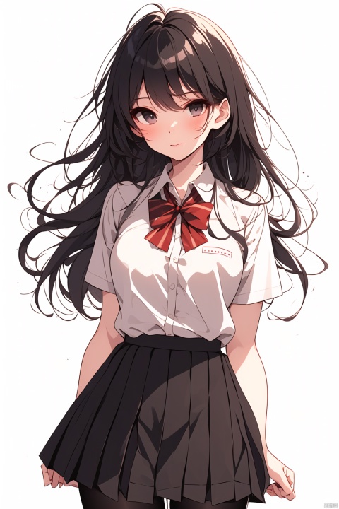 cute, komi_shouko, black eyes, black hair, long hair, school uniform, red bowtie, white shirt, collared shirt, short sleeves, striped, pleated skirt, red skirt, black pantyhose