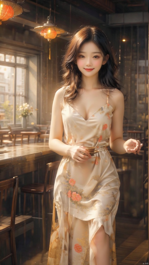 masterpiece best quality photograph,dynamic angle,golden ratio,1girl,waitress girl in Chinese restaurant,cleavage,holding large tray,floral pattern silk Cheongsam,smile,bamboo,studio lightning