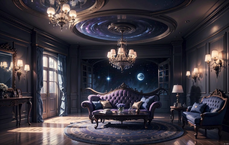  starry night, celestial theme, navy blue and purple colors, galaxy wallpaper, star-shaped lights, celestial accents, velvet furniture, fluffy pillows, faux fur rug, moon-shaped mirror, crystal chandelier