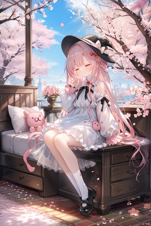  1 girl, solo, long hair, light pink hair, extra long hair, abigail williams (fate), off shoulder white dress, closed eyes, black shoes, white bow, sleeves over wrist, long sleeves, black headwear, white socks, shoes, polka dots, divided bangs, bangs, sleeves over fingers, looking from the side, Mary Janes, mouth closed, under cherry blossom trees, falling petals, whole body and side，Pink glowing_glass sculpture of a Sakura tree, on a nightstand, depth of field, fisheye,