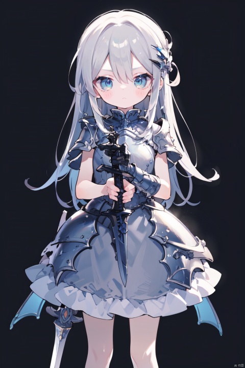 1girl, :|, absurdres, armor, armored_dress, black_background, blue_eyes, closed_mouth, dress, expressionless, greatsword, grey_dress, grey_hair, hair_between_eyes, hair_ornament, hairpin, highres, holding, holding_sword, holding_weapon, legs_apart, long_dress, long_hair, looking_at_viewer, original, own_hands_together, sabaton, sidelocks, simple_background, solo, standing, straight-on, sword, tuda6, weapon, best quality, masterpiece, nai3