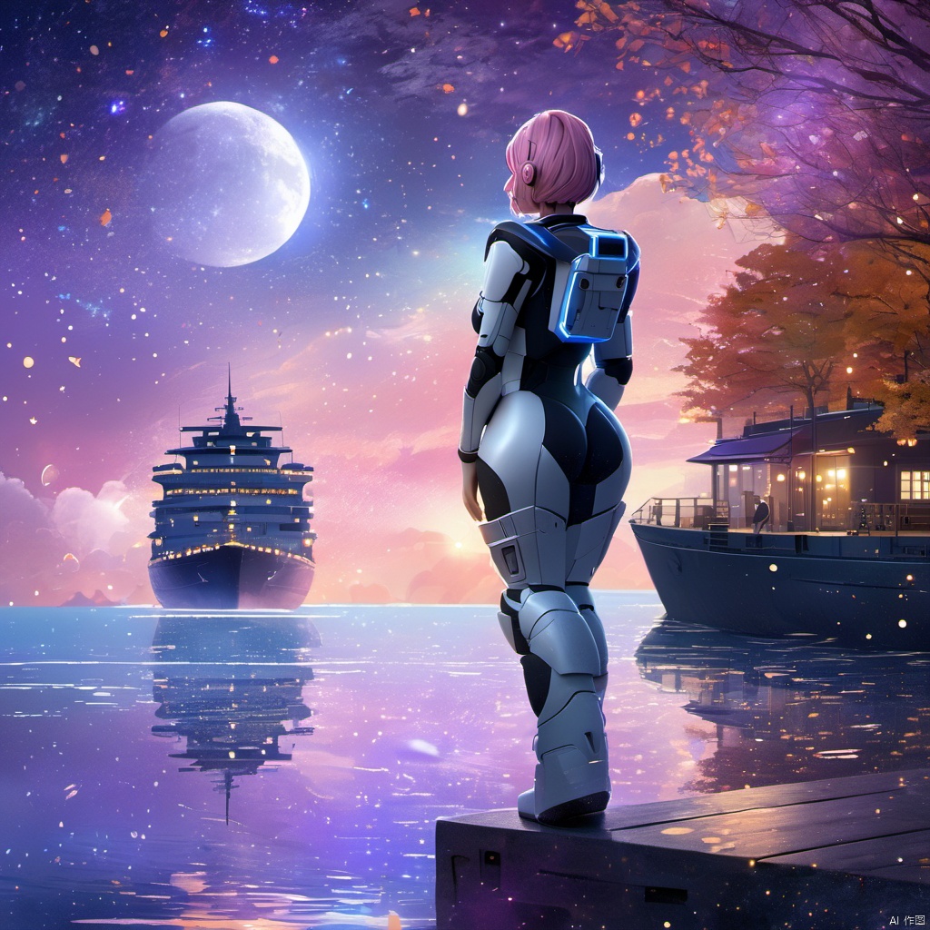  , a person standing on a beach next to a large ship at night with a full moon in the sky, 1girl, solo, short hair, dress, standing, outdoors, sky, cloud, water, night, halo, moon, star \(sky\), night sky, scenery, starry sky, crescent moon, building, reflection, city, fantasy, city lights, The image portrays a serene nighttime scene by a body of water. The sky is painted with hues of purple, blue, and a crescent moon. The water reflects the colors of the sky and the lights from the ship. On the left, a silhouette of a girl stands by the water's edge, gazing at the ship. She wears a dress and has a glowing headpiece. The ship, illuminated with lights, appears to be a large vessel with multiple decks. The entire scene is bathed in a magical ambiance, with sparkles and particles floating in the air, adding to the dreamy atmosphere., body of water, ship, girl, headpiece, decks, magical ambiance, sparkles, particles,
lida,1girl,,lida,1girl,solo,breasts,looking at viewer,short hair,medium breasts,sitting,full body,pink hair,ass,looking back,from behind,lips,bodysuit,helmet,skin tight,science fiction,(Chinese landscape), (Zen, Amy Sol style), (Autumn, autumn leaves, fallen leaves, sunset, architecture), cover art with light abstraction, abstract, simple vector art, contemporary Chinese art, color gradients, soft color palettes, layered forms, whimsical animation, style Ethereal abstract, 4K