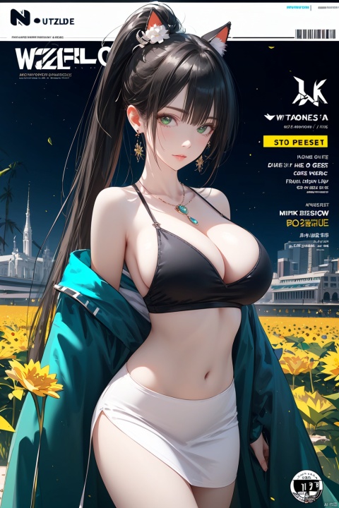  1girl, official, head, green eyes,animal ears, ahoge, long straight hair, ponytail, hair ornament,bare shoulders, black crop top, big breasts, navel, detached sleeves, elbow gloves, fingerless gloves, two tails, skirt bouquet, branch, daisy, dandelion, dress, floral_background, flower, flower_pot, green_flower, head_out_of_frame, holding, holding_bouquet, holding_flower, ivy, leaf, lily_\(flower\), lily_of_the_valley, lily_pad, long white_hair, lotus, morning_glory, palm_leaf, palm_tree, petals, plant, potted_plant, puffy_sleeves, rose, solo, sunflower, tulip, upper_body, vase, vines, white_dress, white_flower, white_rose, yellow_flower, masterpiece, best quality,beautiful detailed hair,beautiful detailed face,beautiful detailed jacket,beautiful detailed background,album cover,beautiful detailed splash, in city, cityscape,1girl,limited palette,pastel color, many line in hair, shiny skin,sunlight, 2020s,minute details, punk, out doors, looking at viewer, drawing,multicolored back graound, colorful, solo,cowboy shot, jacket, long sleeves, chest, ((((magazin cover)))), long hair, floating hair, bangs, colored inner hair, aqua theme, official art, zydink, large circular earrings