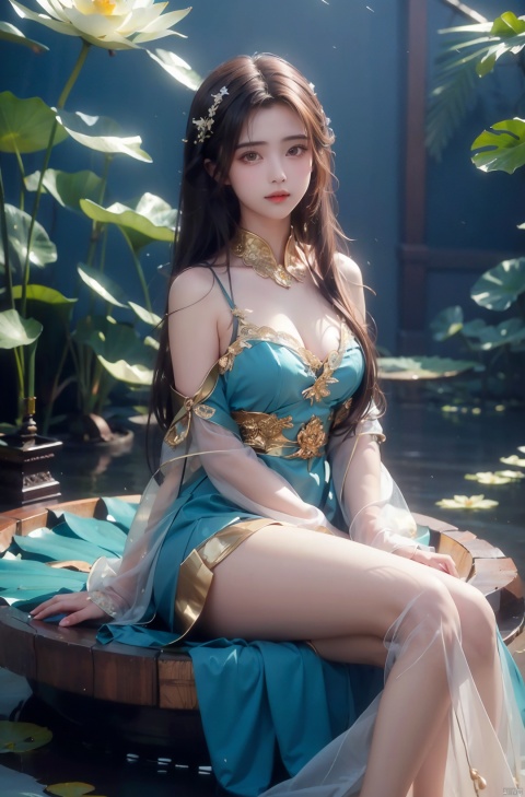 Clear face, masterpiece, ultra-detailed, epic composition, high quality, highest quality, 4k, a beautiful girl, turquoise dress, sitting on a large lotus leaf, lotus, sunlight