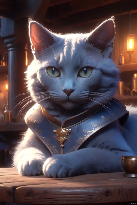  modelshoot style,8k,portrait of a cute grey\(russian blue\) cat sitting on a wooden table in a medieval tavern,detailed fur,trending on ArtStation,trending on CGSociety,Intricate,High Detail,Sharp focus,dramatic lighting,digital painting,digital art,by artgerm,by Liang Xing,by WLOP