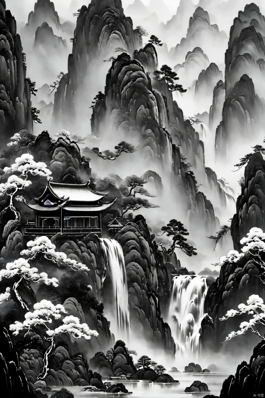  Colorful Chinese Painting, a Chinese painting of a mountain landscape with trees and a waterfall, monochrome, highly detailed, ultra-high resolutions, 32K UHD, best quality, masterpiece,