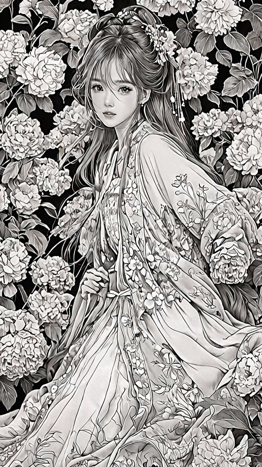 A doll wearing a dress surrounded by flowers and flowers, girl in flowers, extremely fine ink line art, detailed manga style, line art coloring page, black and white coloring, manga style, coloring page, girl made of flowers, complex caricature drawing, exquisite line art, detailed line art, ink caricature drawing, manga illustration, covered with flowers