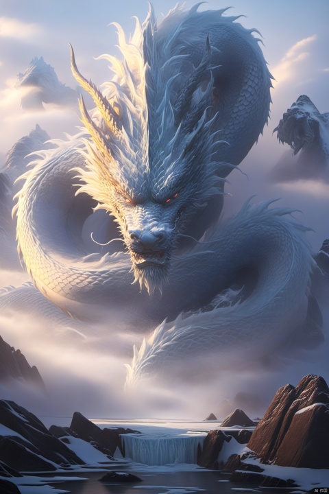  The Chinese Loong formed by ice and water has four dragon claws. The fog covers part of the dragon's body, and the dragon's body is indistinct