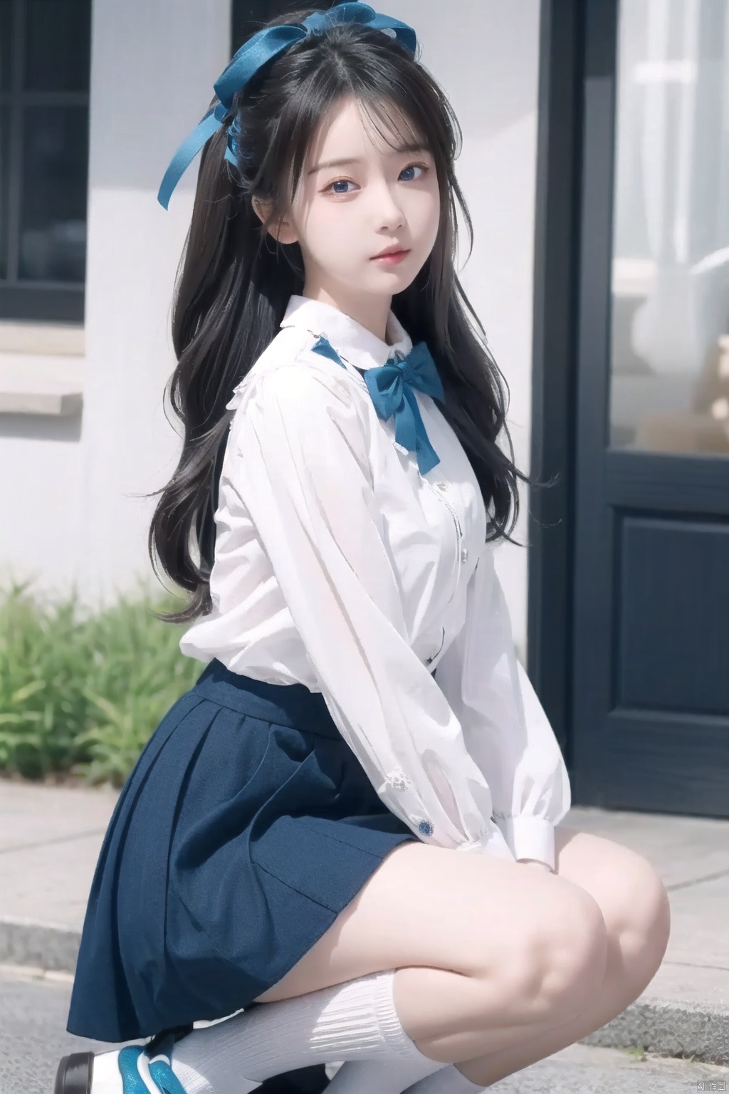 masterpiece, best quality, best quality,Amazing,beautiful detailed eyes,1girl, solo,finely detail,Depth of field,extremely detailed CG unity 8k wallpaper, solo focus,{{{kafuu_chino}}}, blue_bow, blue_eyes, blue_footwear, blue_neckwear, blush, bow, hair_ornament, hairclip, long_hair, long_skirt, long_sleeves, rabbit_house_uniform, shirt, shoes, skirt, white_legwear, x_hair_ornament, {loli}.,