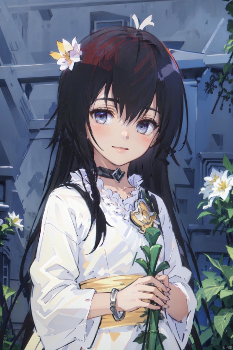  1girl, art_nouveau, bamboo, bangle, blue_eyes, bracelet, braid, branch, choker, crown_braid, daisy, dress, floral_background, flower, flower_bracelet, flower_pot, grey_background, hair_ornament, jewelry, laurel_crown, leaf, lily_\(flower\), lily_of_the_valley, long_hair, looking_at_viewer, lotus, palm_tree, plant, potted_plant, smile, solo, vase, vines, white_dress, white_flower