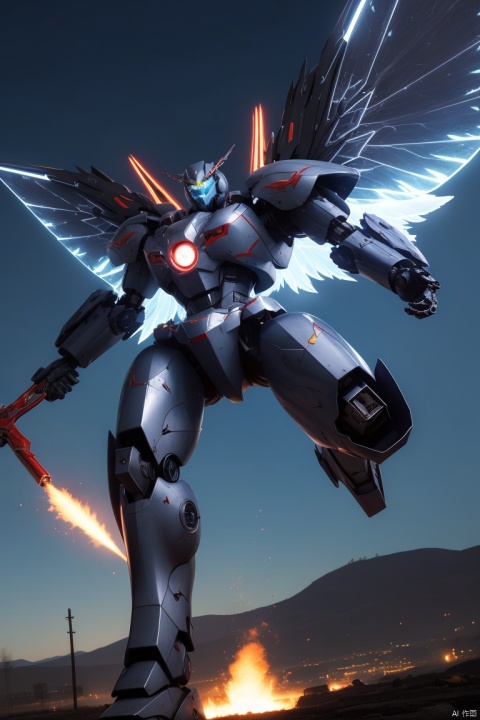  sky, flying, holding weapon,  glowing, armor, glowing eyes, mecha, realistic,mecha, large wings