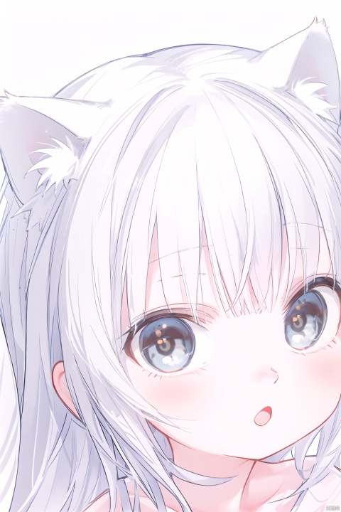 A cat cat,Lovely,Fat toot,Blank background,Pure white hair,White hairs,Round face,super big eyes,Moe，Slightly open mouth,close-up of the private parts