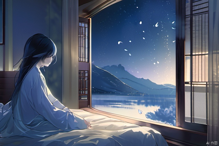  ((masterpiece,best quality)), ink-painting,highres, 1girl, furina, heterochromia, tears in eyes, smile, long sleeves, looking back,
The girl sits by the window, with moonlight casting a glow on her face, accentuating the crystal tears. She bows her head slightly, her hands supporting her chin, as silent tears trickle down, exuding a serene sadness. The nocturnal background contrasts sharply with her tears, creating a hauntingly beautiful atmosphere., MAJICMIX STYLE