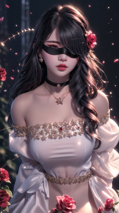  1girl, solo, red flower, flower, blue eyes, long hair, holding flower, holding, rose, dress, petals, hair ornament, red rose, lying, long sleeves, white hair, on back, white dress, looking at viewer, choker, parted lips, bare shoulders, blush, bangs, off shoulder, black choker, hair flower, off-shoulder dress, very long hair, collarbone, puffy long sleeves, puffy sleeves, rose petals, hair between eyes,eyesseye, dofas, crystal, yunbin, qianjin, christmas，mature female, perfect hands, pink hair, ((black blindfold:1.2)), stargazing, pink forest, thorns, glowing lights, ((night:1.2)), ((windy:1.0)), sky, trees, flowers, glowing flowers, stars, Bloody tears, starrystarscloudcolorful