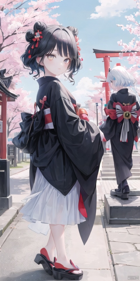 2girls, black kimono, black legwear, black ribbon, black hair, cherry blossoms, day, flower, hair bun, hair ribbon, japanese clothes, kimono, long hair, looking at viewer, looking back, multiple girls, obi, outdoors, red eyes, red hair, ribbon, sandals, single hair bun, stairs, standing, statue, torii, tree, white kimono, yellow eyes