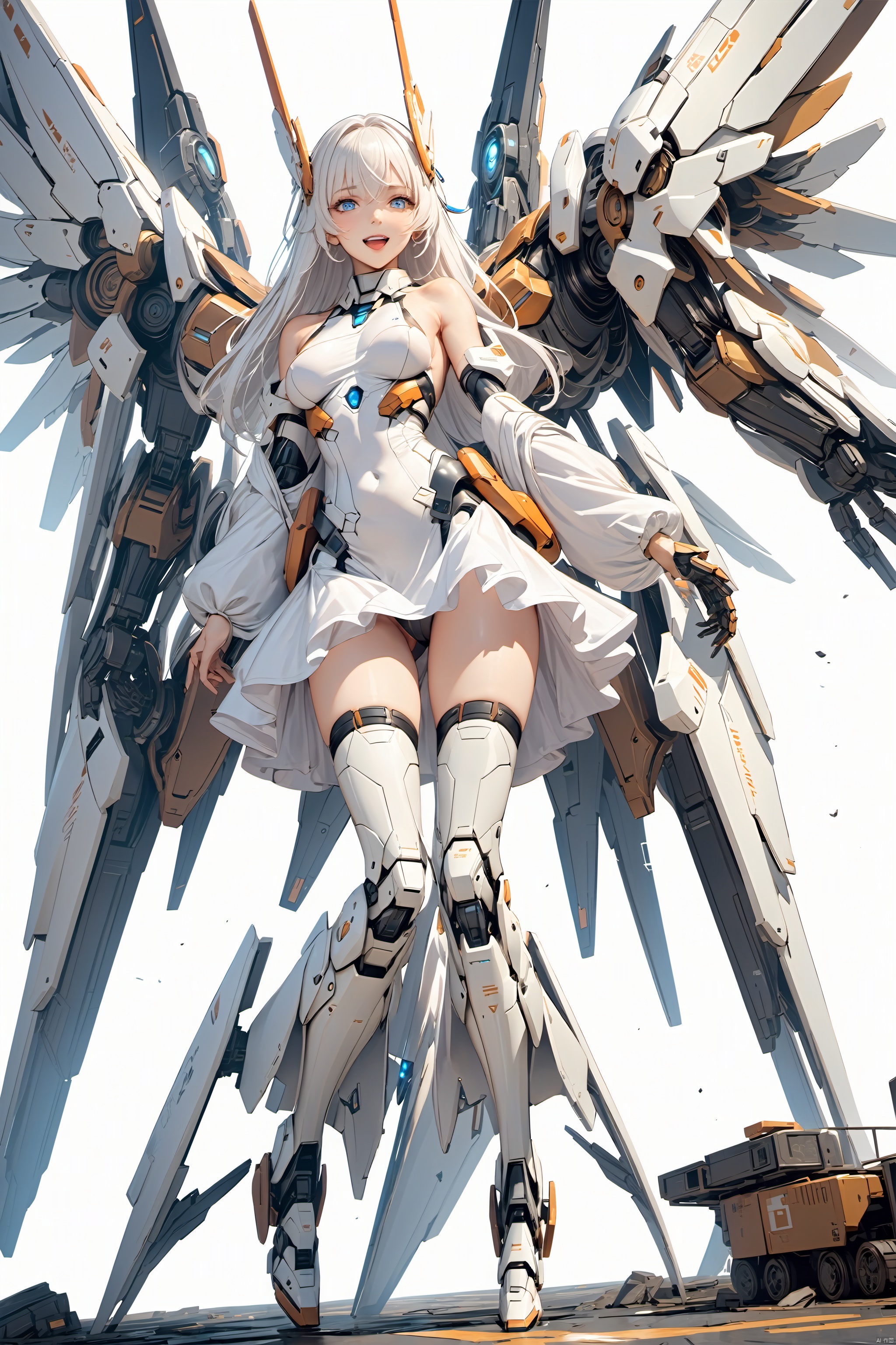  (masterpiece:1.2), (best quality:1.2), (highres:1.0), (sciencefiction:1.3),天启姬,
epic scenes, impactful visuals, sense of space,
1girl, solo, mecha musume, 
blue eyes, long hair, white hair, bare shoulders, bangs, breasts,
white dress, dress, thigh highs, boots, mechanical legs, mechanical wings, 
open mouth, smile, looking at viewer,
white background, 
daylight, warm atmosphere,
full body,
