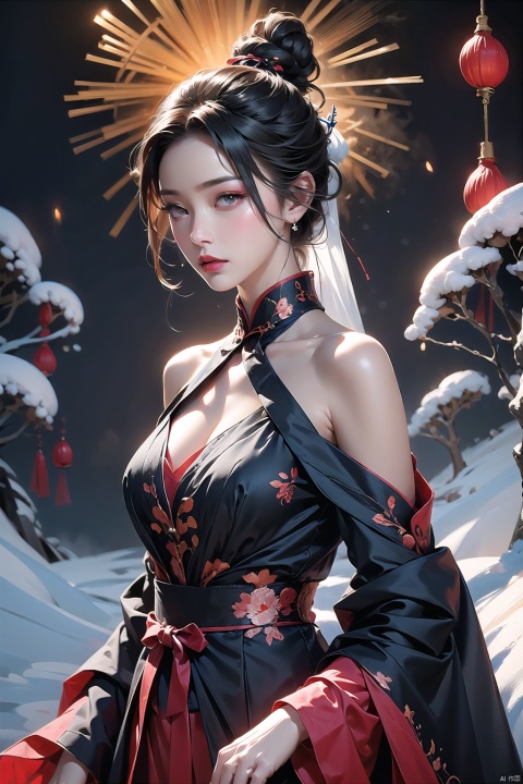  Best quality, ultra-high resolution, (photo realism: 1.4), 1 girl, black off shoulder shirt, enticing posture, separated sleeves, A Chinese New Year Scene Portrait,Chinese New Year Scene,Fireworks,Lanterns,Joyful atmosphere,Fireworks in the sky,New Year Ambience,Auspicious and Festive
Background (Snowy mountains, countryside, sunshine, snow, playful children), cleavage, plump, choked, huge breasts, messy bun, looking at the audience, soft lighting，an image capturing the essence of darkness and sadness by illustrating a desolate landscape shrouded in an inky blackness. Integrate elements like wilted flowers, a lone crow perched on a gnarled branch, and a moon veiled behind ominous clouds, casting an eerie glow on abandoned structures. Emphasize the somber mood with a palette dominated by deep blues and grays.

