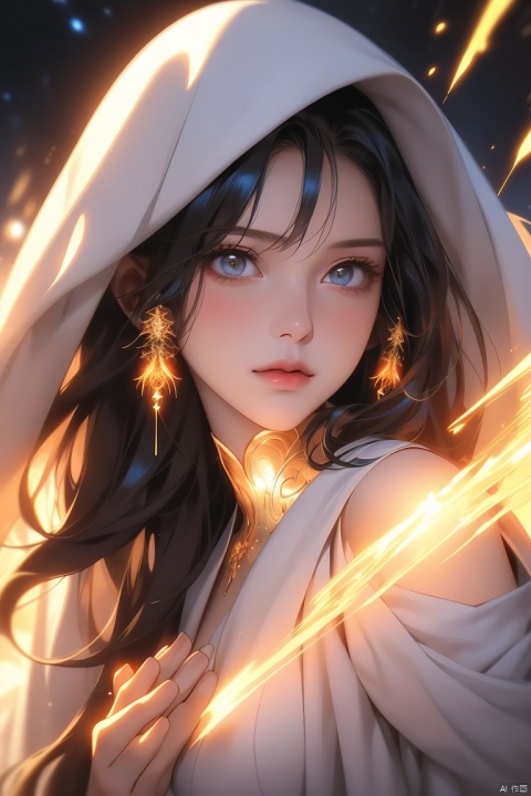 (1girl),extreme detailed,(fractal art:1.3),colorful,highest detailed,perfect face,upper body,HDR,(praying:1.3),(white cloak golden lines:1.2),galaxy,(light streaks),striking visuals,dynamic streaks,luminous trails,vibrant colors