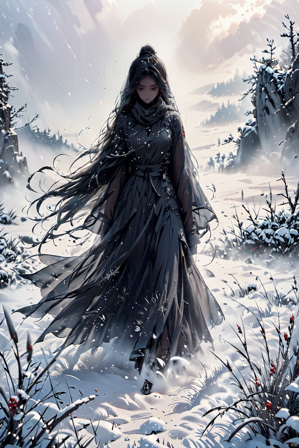  Amidst a raging blizzard, a solitary figure stands resilient in a snow-covered field, viewed from behind. The girl's silhouette is barely discernible through the thick veil of swirling snowflakes. Despite the intensity of the storm, there's an aura of serenity and strength emanating from her presence, as she stands amidst the chaotic beauty of the blizzard's embrace. The field of view captures the vastness of the wintry landscape, emphasizing the girl's solitary stance against the elements, more_details:-1, more_details:0, more_details:0.5, more_details:1, more_details:1.5