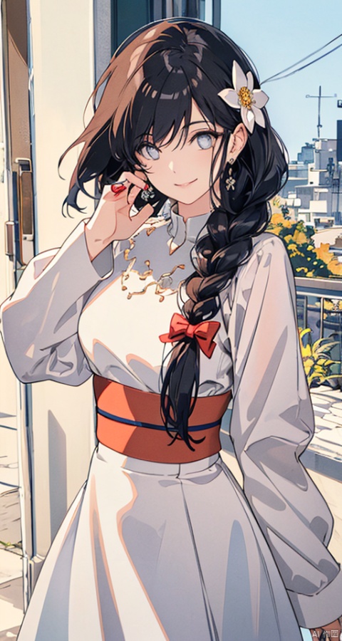  1girl, solo, brown hair, hair ornament, braid, long hair, wide sleeves, looking at viewer, brown eyes, jewelry, hair flower, long sleeves, sash, dress, mischevious smile, perfect body, scenery, sharp focus, best quality, masterpiece, detailed outfit, illustration, perfect eyes, finely detailed beautiful anime eyes, realistic skin, intricate details, best lighting, depth of field, ultra high resolution,cowboy_shot, dynamic pose, dynamic angle,