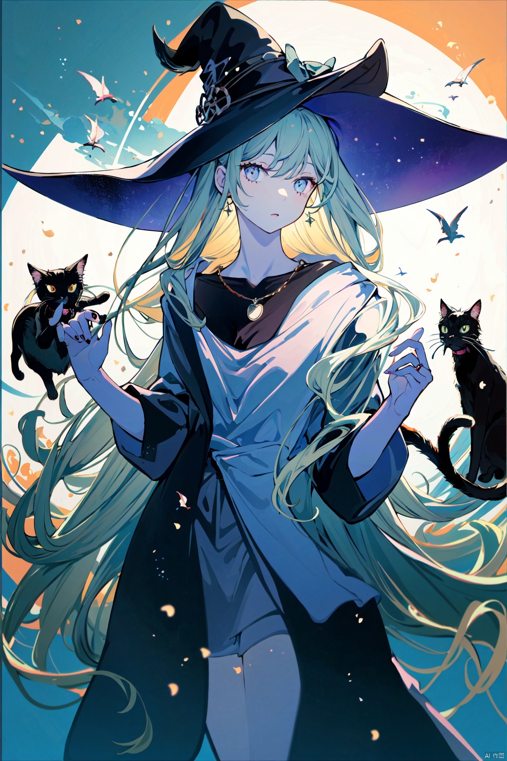 1girl ,Witch,Petting a black cat,Wearing a mysterious black necklace,At the secret base. Moreover,The witch is surrounded by a magical aura,Her skin shows pale and mysterious tones