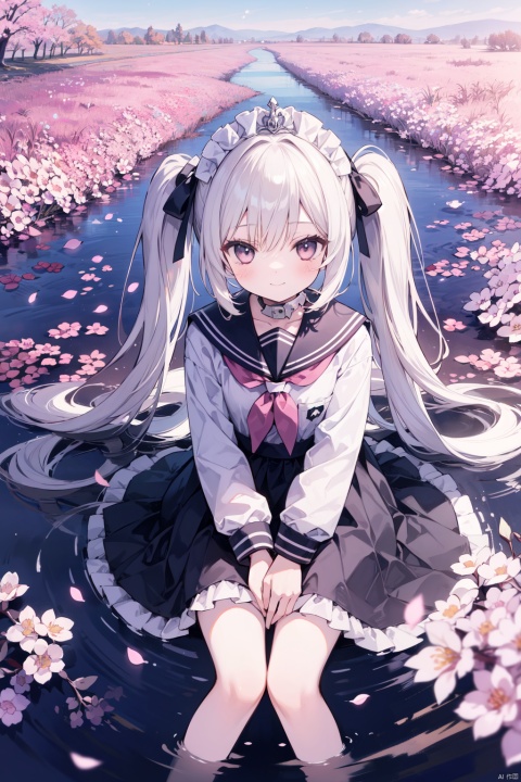  1girl, solo, long_hair, pink_hair, cherry_blossoms, skirt, very_long_hair, ripples, school_uniform, twintails, black_skirt, reflection, serafuku, from_above, neckerchief, shirt, pleated_skirt, pink_eyes, sailor_collar, long_sleeves, black_shirt, flower, black_serafuku, sitting, water, looking_up, bangs, looking_at_viewer, petals, closed_mouth, black_sailor_collar，1girl,Solo,Maid,Maid Tiara,Maid Apron,Smile,Silver Hair,Silver Black Eyes,Full Body,Hands Down,Frills,Many Frills side