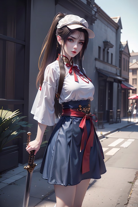  1girl,black hair,capelet,day,Bamboo hat,lips,Men's clothing,Touch the bamboo hat with the other hand,Black Hat,Sword hanging on the waist,Hanfu,looking at viewer,outdoors,Scabbard,sheathed,solo,standing，A long shirt with a red and navy fine check pattern, a white T-shirt, a very long light blue denim skirt, white sneakers, more_details:-1, more_details:0, more_details:0.5, more_details:1, more_details:1.5, akatsuki minami, blue eyes, brown hair, ponytail, hair bow, sidelocks, black bow