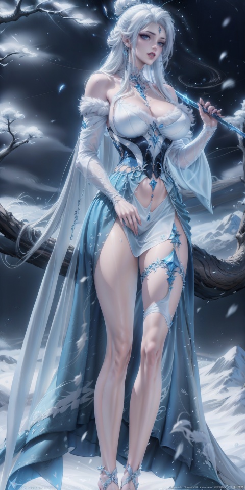  luna,snow,snowing,tree,outdoors,bare tree,sky,1girl,hair ornament,long hair,dress,white hair,night,blue eyes,white dress,solo,, (raw photo:1.2),((photorealistic:1.4))best quality,masterpiece,illustration,an extremely delicate and beautiful,extremely detailed,CG,unity,8k wallpaper,Amazing,finely detail,masterpiece,best quality,official art,extremely detailed CG unity 8k wallpaper,absurdres,incredibly absurdres,huge filesize,ultra-detailed,highres,extremely detailed,beautiful detailed girl,cinematic lighting,1girl,pale skin,tall female,(perfect body shape),skinny body,Slender legs, juemei