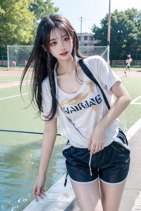 （（（（brassiere showing through wet sports white t shirt that is wet from sweat, school sports shorts, jogging around schoolyard, a face distorted by tired, sweat, black medium hair, messy hair, cute））））（masterpiece, high quality, best quality, 8k, more details)