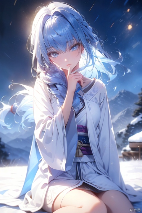  best quality ,masterpiece, ultra-detailed, highres, a girl, extremely detailed eyes and face, light on face,cinematic lighting,turning around,looking down,(put finger to lips,shushing:1.2), Sitting on a small ice mound,side sitting,silver hair,fluffy bangs, long hair,hair strand,wind,depth blue and light blue eyes,white detail robe，Fireworks, mountains, moonlight