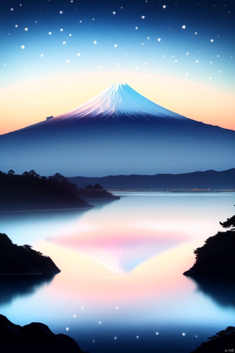  Gradient style illustration, illustration, starry sky, a Mt. Fuji, surrounded by lakes, birds, sunlight, flying snow