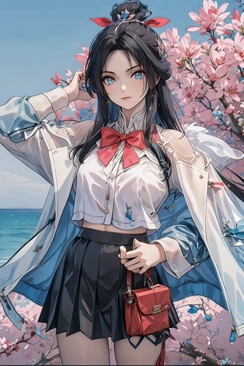  Long hair, light blue hair, pink streaks of hair, space bun hairstyle, flower hairpin, blue eyes, long-sleeve, button-up white shirt, a gray jacket with blue-green stripes, a red bow, dark blue-green pleated skirt, school background, add_detail:1, add_detail:0, add_detail:0.5