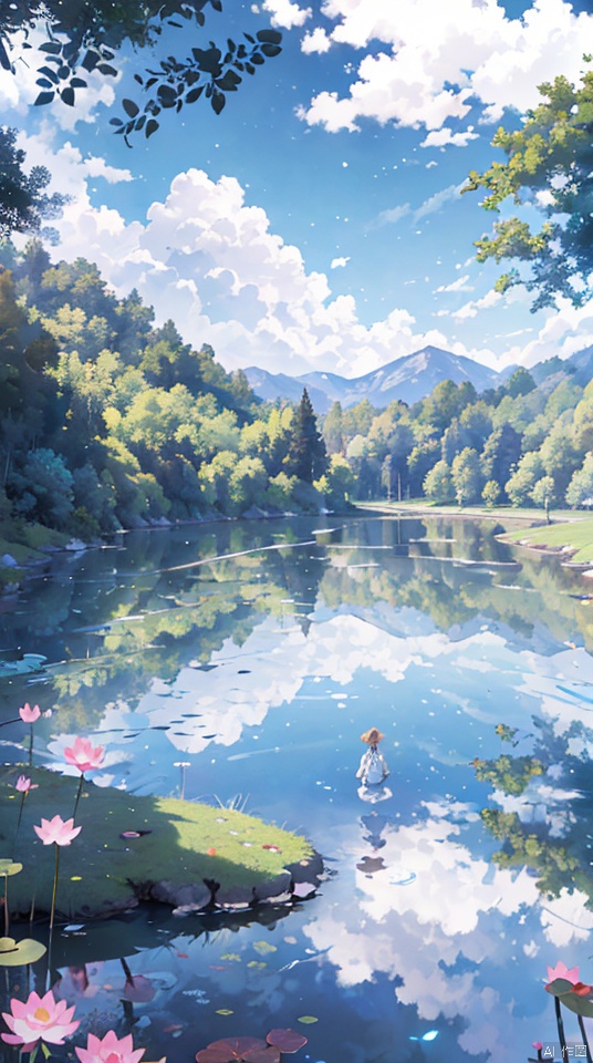 Pond,a child with a straw hat standing by the pond,big clouds,blue sky,pond with lots of lotus leaves,forest,hillside,secluded,rural,HD detail,hyper-detail,cinematic,surrealism,soft light,deep field focus bokeh,ray tracing and surrealism