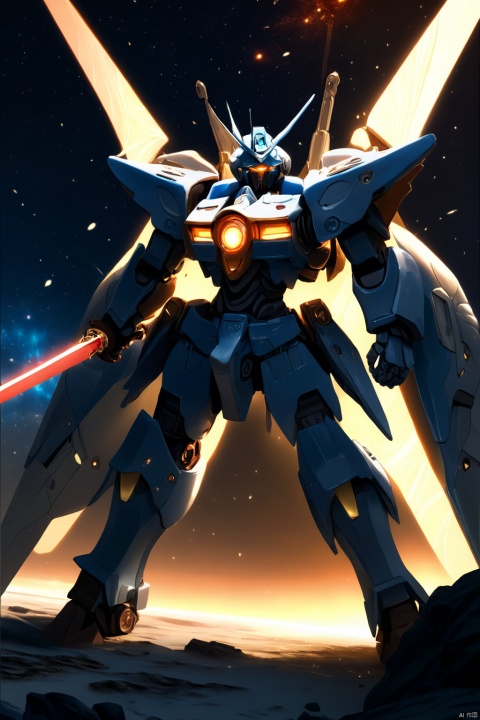 masterpiece,best quality,extremely high detailed,intricate,8k,HDR,wallpaper,cinematic lighting,(universe),(holding sword:1.3),glowing,armor,glowing eyes,mecha,large wings
