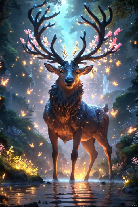 (best illustration), (best shadow), glowing elf with a glowing deer, drinking water in the pool, natural elements in forest theme. Mysterious forest, beautiful forest, nature, surrounded by flowers, delicate leaves and branches surrounded by fireflies (natural elements), (jungle theme), (leaves), (branches), (fireflies), (particle effects) and other 3D, Octane rendering, ray tracing, super detailed ,deer