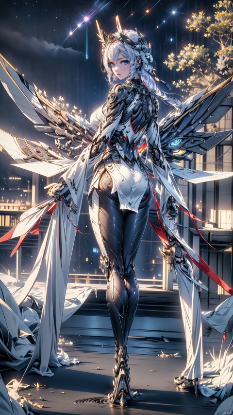  (cyberpunk),Maintenance workshop,luminous,in dark room,dynamic pose,posing, rgblights,night,lights,mechanical wings,wings,mechanical wings with fans,1girl,solo,blue eyes,mecha musume,dress,white hair,,hair ornament,mechanical luminous earphones,mechanical helmet,Volumetric Lighting,rim light,bright,Metal wings with ornate stripes,floating hair,Gorgeous battle scenes, light effects, Tianqi Ji, tianq,The girl can't see her face in the back, her hair is long, she is crossing the river with her feet, the girl is looking at the shining sky forever, the girl's feet are 7 colors and the river was dyed with light, the night sky, the trees are black, the trees are reflected in the river, the river is wide and continues everywhere, there are no clouds, the sky full of stars, and the sky is very big and shining, the flowers are shining in the lower right and lower left, beautiful sky, very delicate, high image quality, glitter