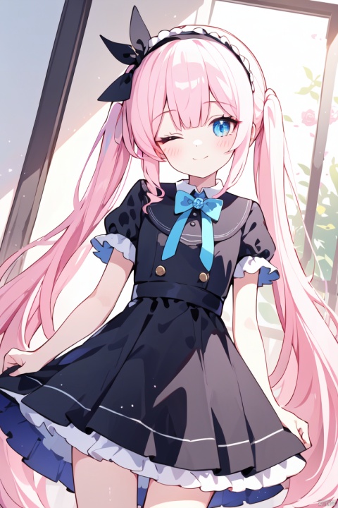  best quality, 1girl, solo, one eye closed, long hair, twintails, flower, dress, pink hair, pink theme, lolita fashion, very long hair, lolita hairband, rose, ribbon, looking at viewer, hairband, smile, dutch angle，light_blue_hair, light_blue_eyes, light_blue_halo, beautiful_hair, beautiful_eyes, 1_beautiful_girl, cute_face, beautiful_face, beautiful, best_quality, good_anatomy, black_top_hat, black_tuxedo, bow_tie, black_slacks, white_shirts_oficial, hold_cane