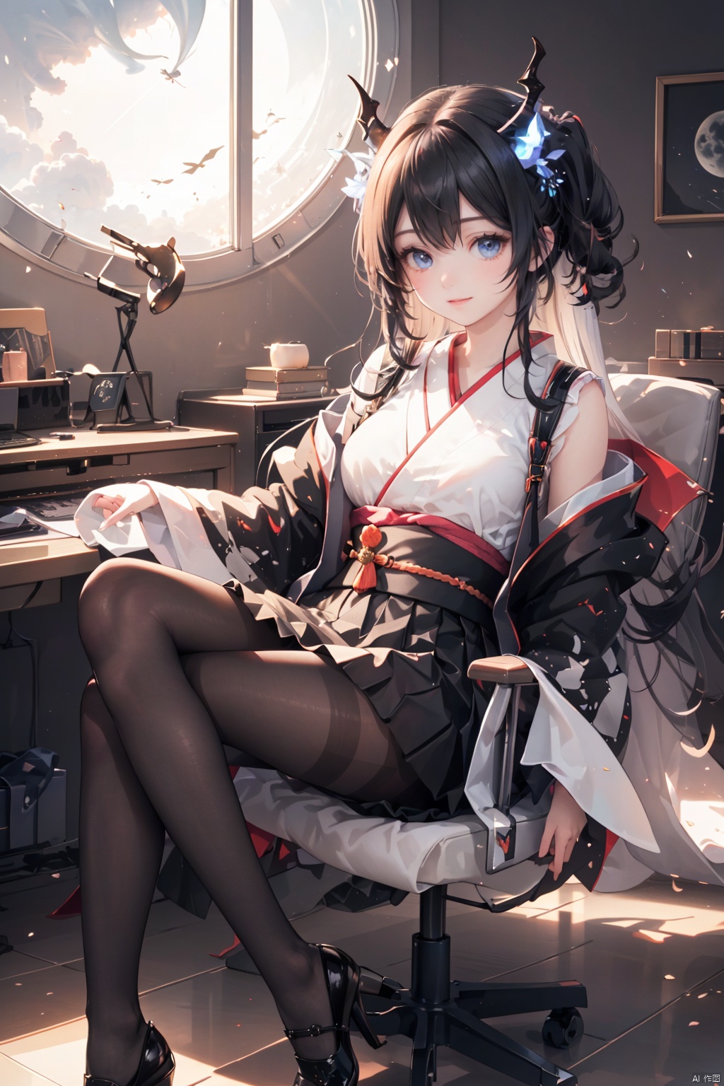  A woman who wears a symbol of beauty and precision. (Familiar face) A kimono, a giant tornado that engulfs itself, the sun and moon, Yin and Yang, rotation and acceleration, flight, the scenery below, jet-black thorn horns, air currents, thunderclouds, strong winds, a completely grasping storm (Subject Depth of Field Color Tornado: 1.5) All require a color tornado with depth of field. Dark red and silver tones, smiles, epic, Celestia, fantasy world and cute world., backlight,1girl,((masterpiece)), (photorealistic:1.4),solo,queen's chair, night, night sky, office shot, formal dress, bodysuit, black dress,black skirt, black Pantyhose, royal shoes, black hair, sitting on chair, game cg,The room has windows,Only one person,single,beauty face,divine goddess, shiny skin, skindentation, lace