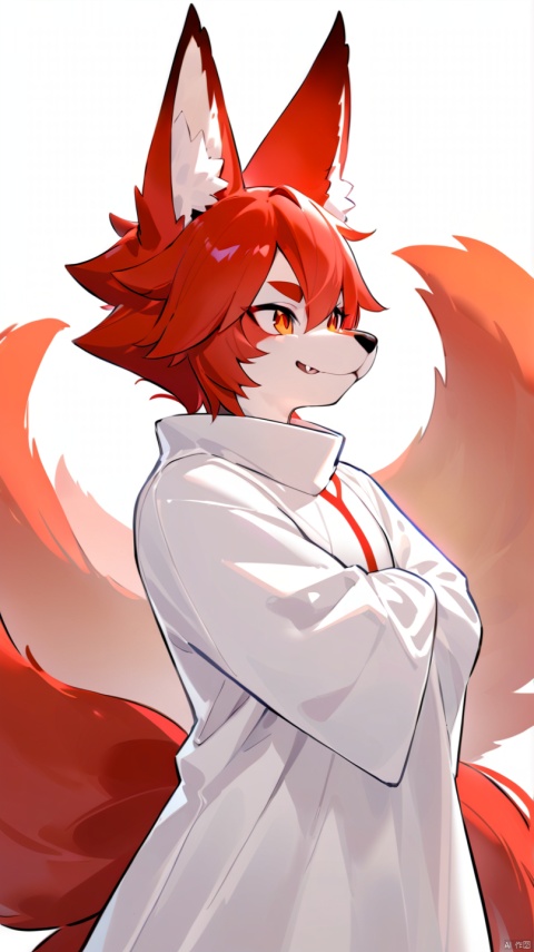 Anthropomorphic kitsune furry with nine tails with white clothing with dark red details for profile picture