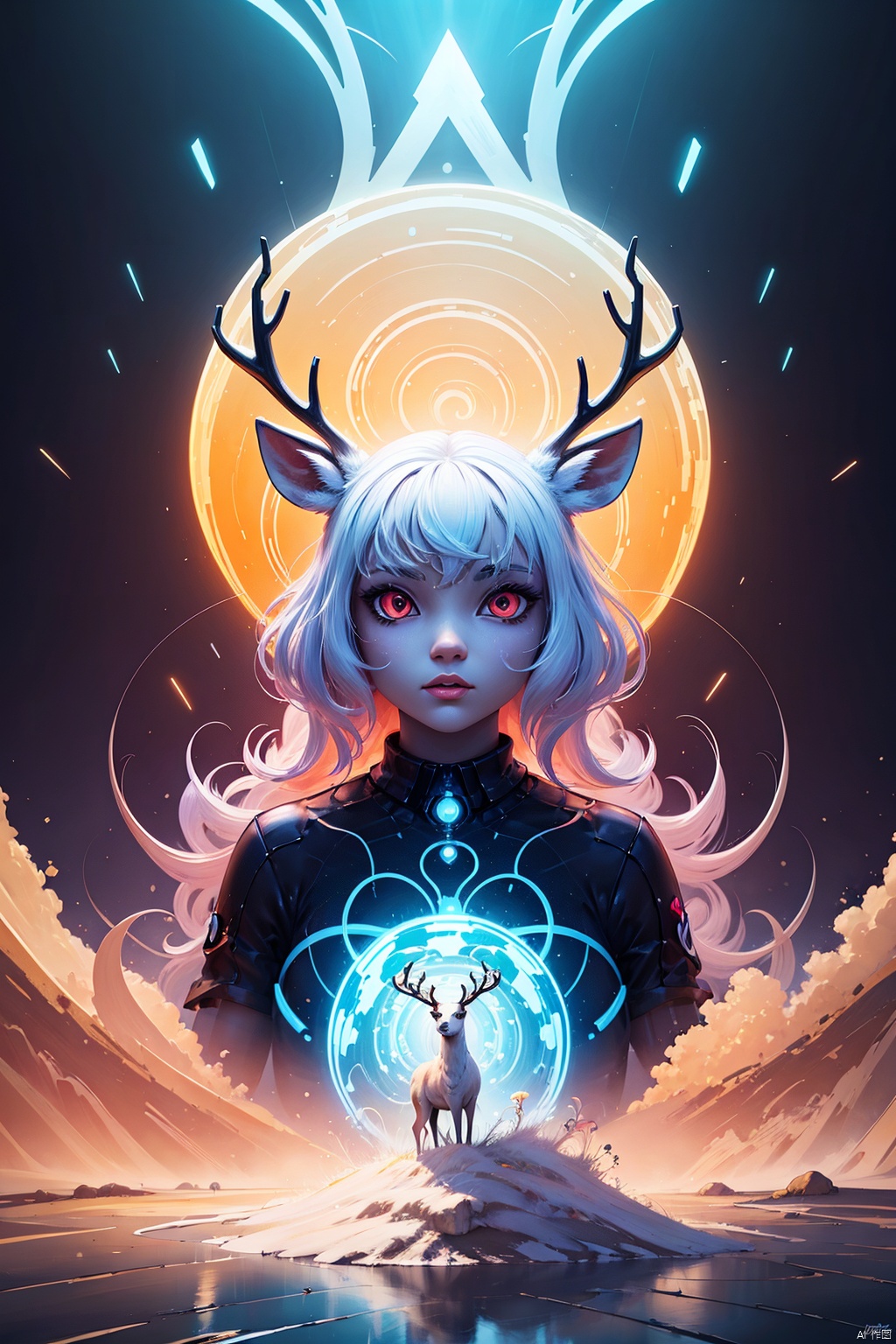 (Psychedelic painting of a deer standing in front of a colorful swirl), ((multiple antlers, stag, big head)), bright colors, thick lines, waves, multiple layers, foreground, perspective, fractal Thunder Dan Mumford , Dan Mumford and Alex Gray style, psychedelic surreal art, surreal psychedelic design, dream art style, illusion psychedelic art, infinite psychedelic waves, inspired by Cyril Rolando Rolando), realistic ripple structure, psychedelic art style, psychedelic art, psychedelic illustration