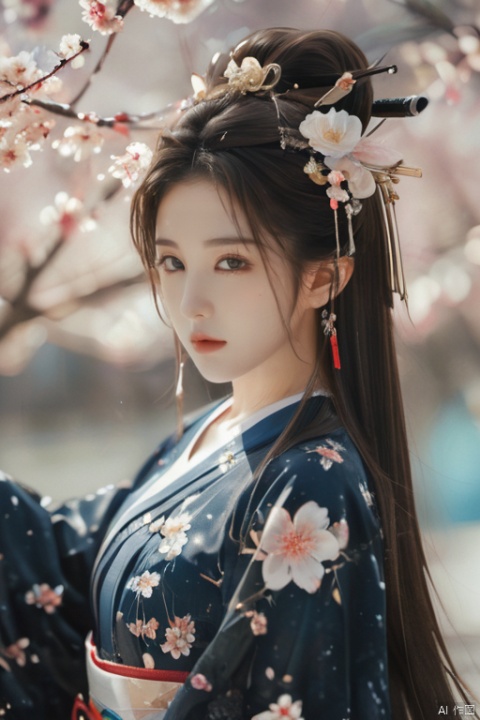  (((best quality))), ((ultra-detailed)), ((an extremely delicate and beautiful)), ((16k)), realistic, hd, cgi, gleaming hair, gleaming skin, gleaming clothes, flower background, watercolor, reflection, highlight and shadow, ray tracing, dynamic angle, 100+ cherry blossoms, scatter petals, vivid detailed floral pattern kimono, back shot, looking at viewer, asuna ba, light brown hair, blue eyes, very long hair, hair over one eyes, halo, white shirt, pleated skirt, blue bowtie, school uniform, highleg leotard, blue leotard, playboy bunny, fake animal ears, bunny ears, bow, detached collar, thighband pantyhose