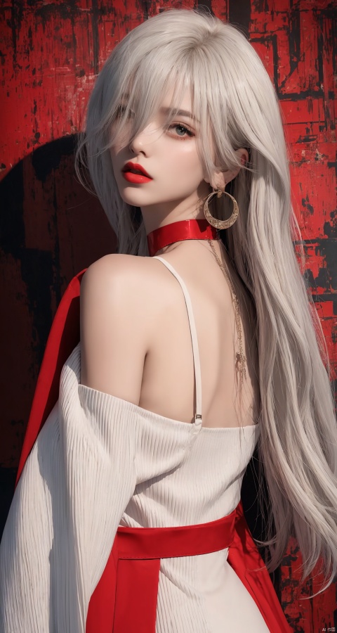  Colorful background, 1girl, long hair, solo, jewelry, looking at viewer, earrings, upper body, red choker, bangs, choker, bare shoulders, closed mouth, hair intakes, dress, wavy hair, sleeveless, necklace, {head tilt}, msaibo, evil, evil face, mjiaocha, {letterboxed}, 
hair_vents,rubynecklace,blackchoker,looking back,{white hair}, {letterboxed}, {letterboxed}, 
official,1girl, official, klara,1girl,white hair,long hair,red eyes,red coat,white shirt,long sleeves, dress,thigh strap,